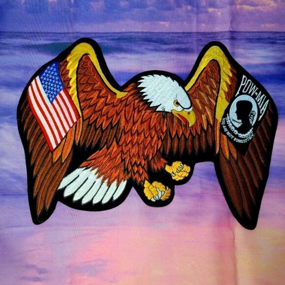 Gorgeous Eagle with POW/MIA and US Flags XL Back Patch